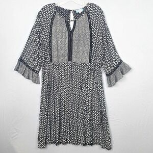 J Glee Floral A-line Keyhole Round Neckline Ruffle 3/4 Sleeve Black White XL